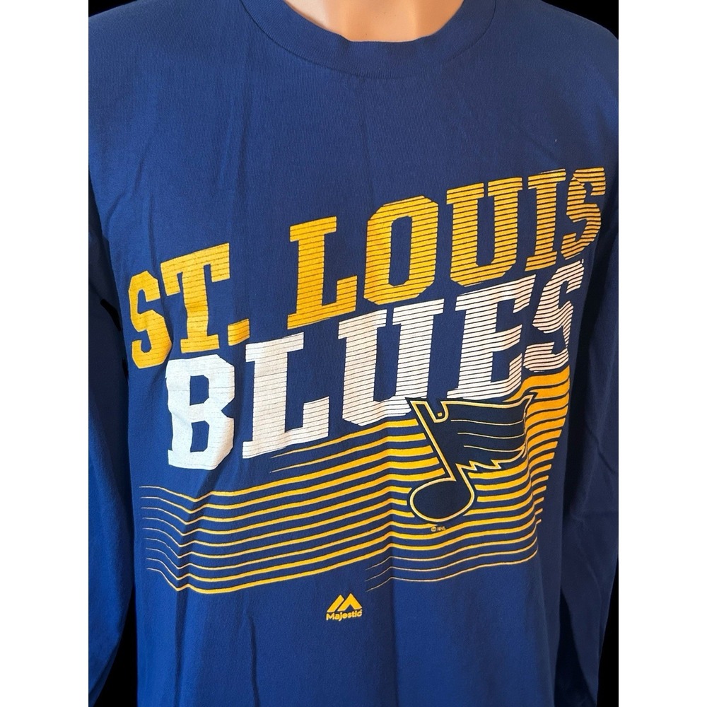 St Louis Blues Shirt Mens Medium Blue Yellow Long Sleeve Majestic NHL Hockey - Picture 2 of 8